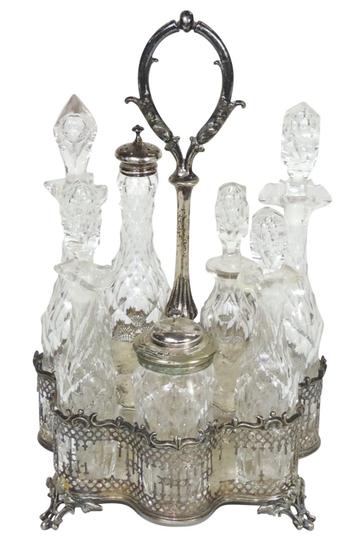 Victorian Table Caster Set, cut glass w/7 bottles & mustard in silverplated stand, VG cond, 1 bottle (1 of 1)