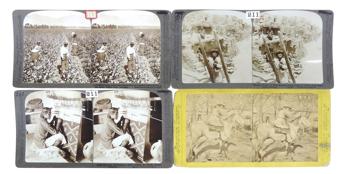 Stereo View Cards (4), all real photos, Buffalo Bill by American Scenery, two Underwood Navajo, incl: Stereo View Cards (4), all real photos, Buffalo Bill by American Scenery, two Underwood Navajo, incl rug weaver & cotton pickers, Exc cond, 7"L.