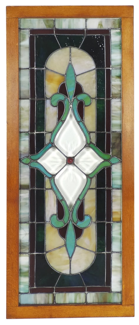 Victorian Stained Glass Transom Window, leaded beveled glass w/central foliate design surrounded by (1 of 1)