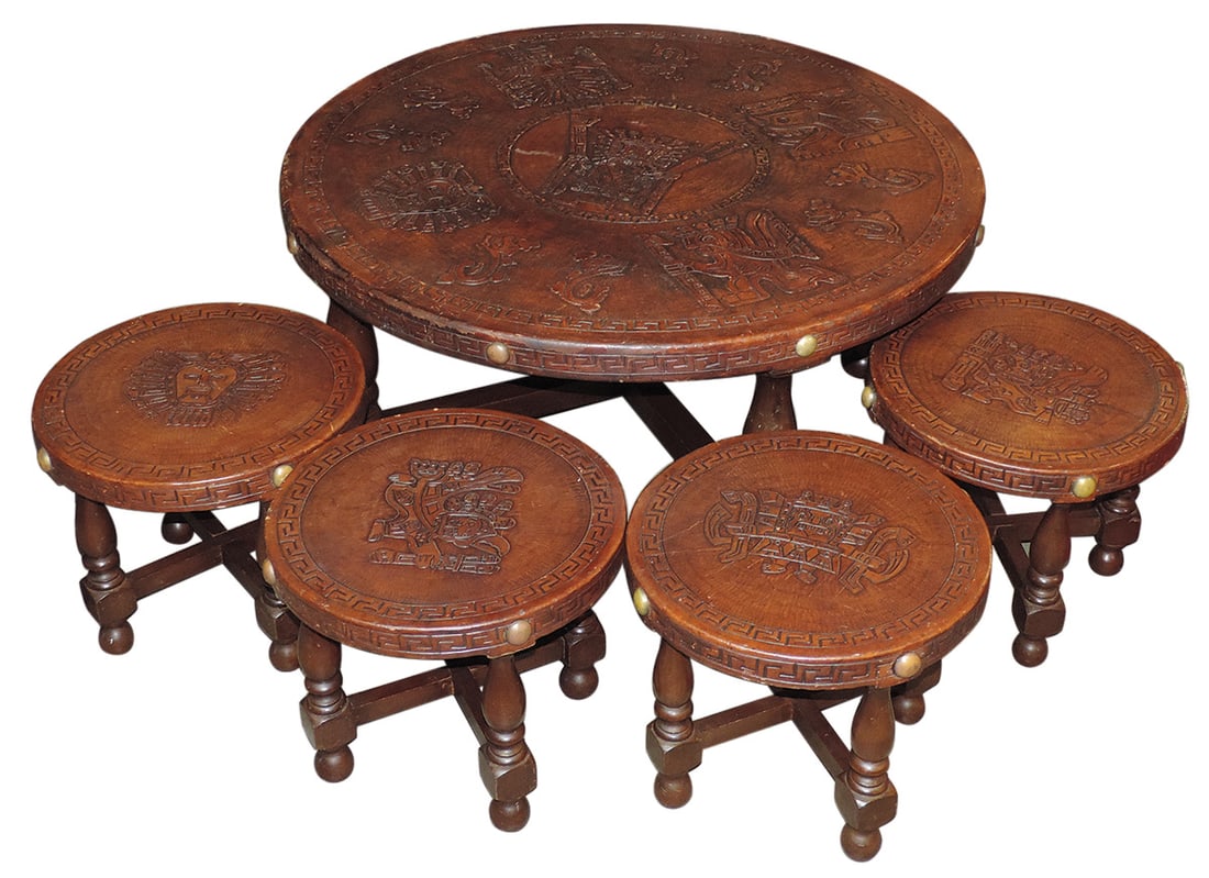 Furniture, Mayan inspired low round table & 4 matching seats, ea overlaid w/tooled designs of (1 of 2)
