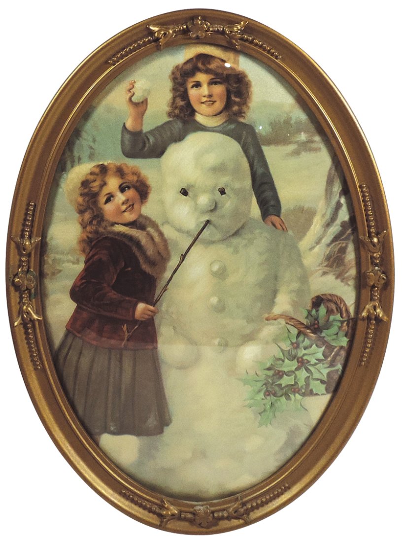 Victorian Winter Print, pictures 2 beautiful young girls building a snowman, early 1900's gold oval (1 of 1)