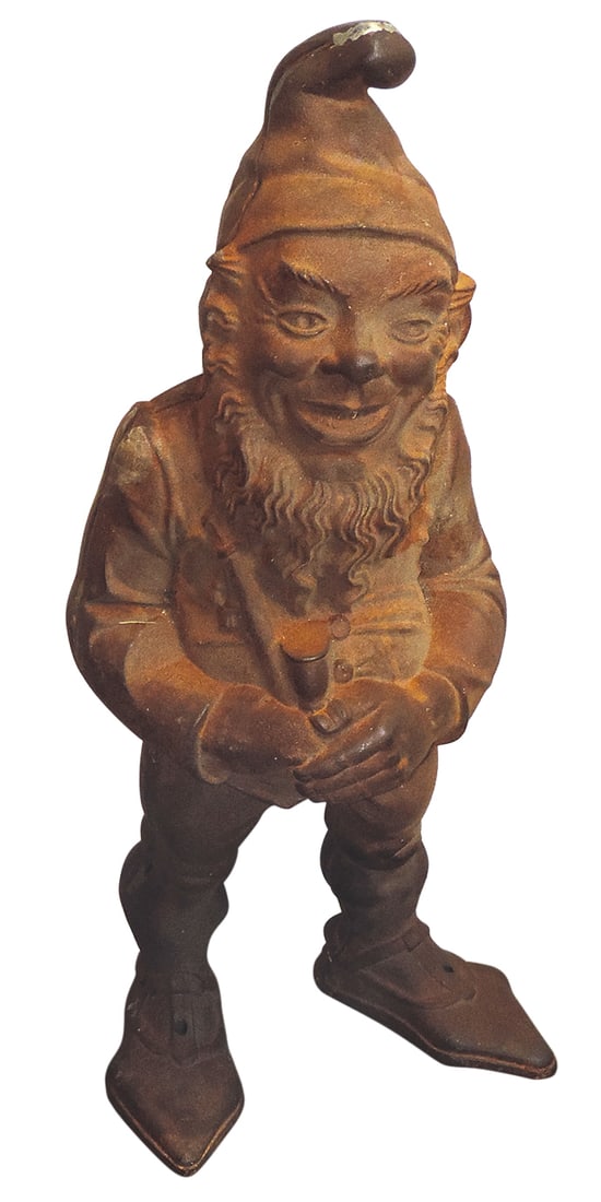 Lawn Ornament, Gnome, cast iron on paneled base, hole on base top set w/a planter, VG natural (1 of 1)