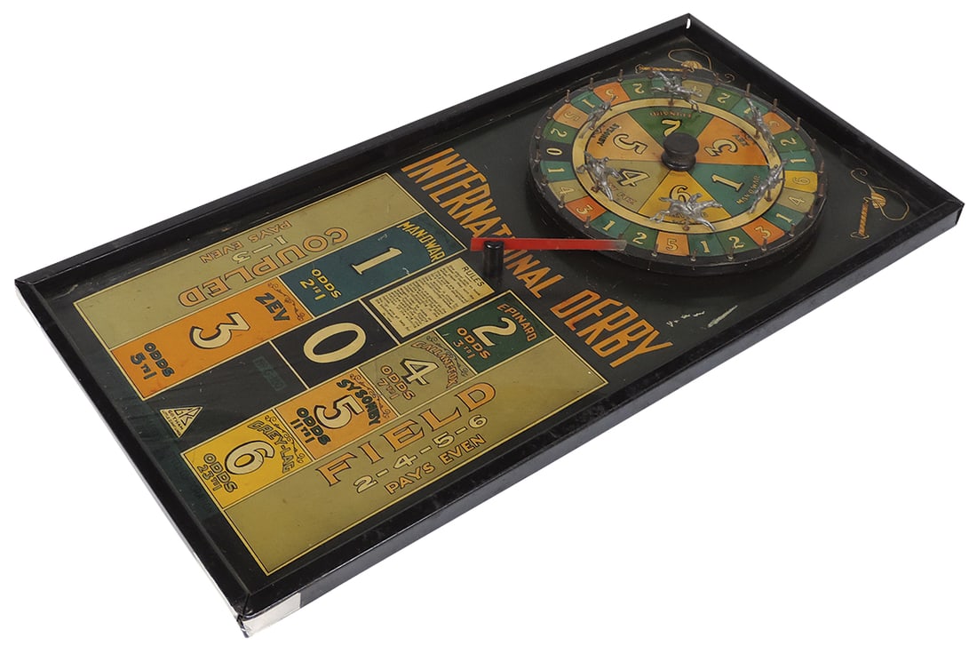 Gaming Wheel, International Derby, mfgd by Gotham Little Giant Lines, litho on tin, c.1935, VG+ (1 of 3)