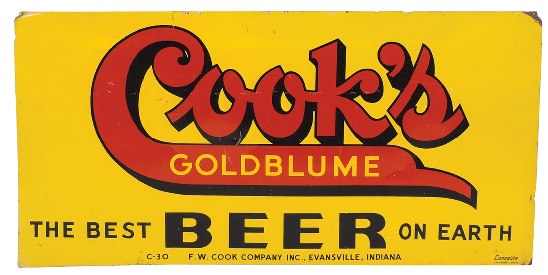 Breweriana Sign, Cook's Goldblume Beer, double-sided litho on tin, "Best Beer on Earth", Good + cond (1 of 2)