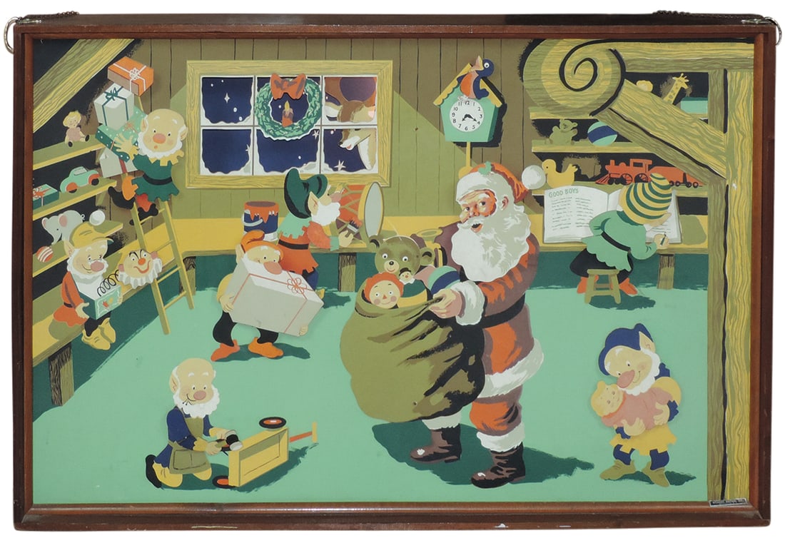 Christmas Animated & Lighted Scene w/Santa's Workshop, large serigraph in shadow box frame w/six (1 of 1)