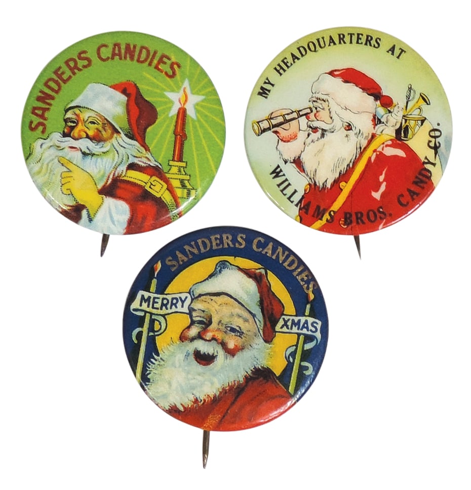 Christmas Santa Pinback Buttons (3), (2) Sanders Candies-Bastian Bros. & My Headquarters at Williams (1 of 1)