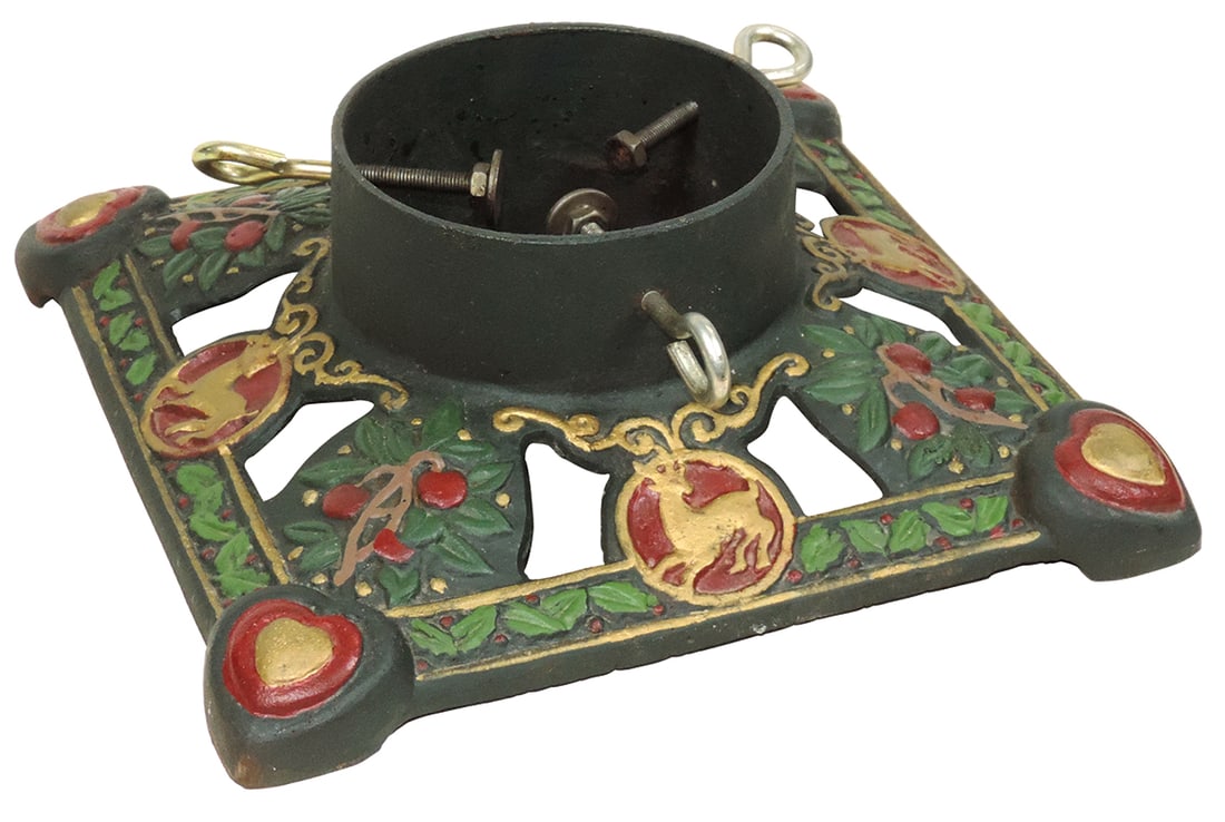 Christmas Tree Stand, polychrome cast iron w/embossed decoration, VG cond, 13"Sq. (1 of 1)