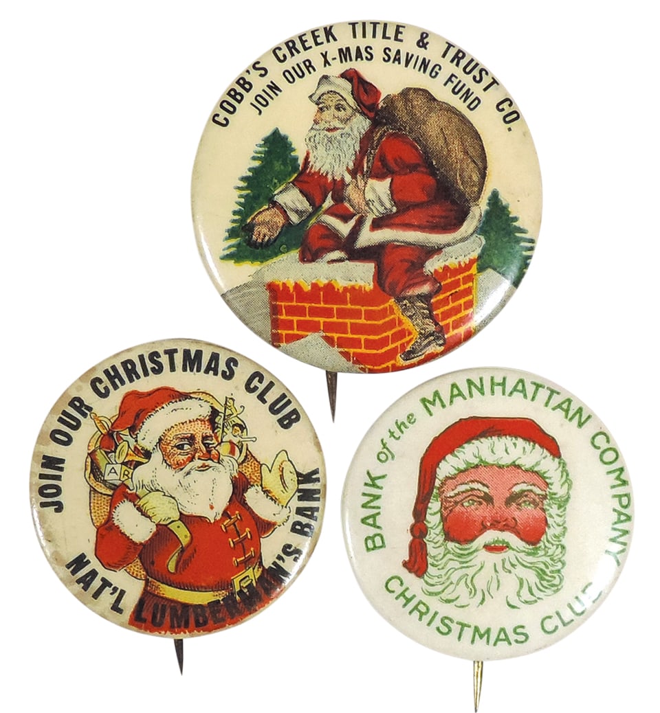 Christmas Santa Pinback Buttons (3), Cobb's Creek Title & Trust Co.-Join Our X-Mas Saving Fund, Join (1 of 1)