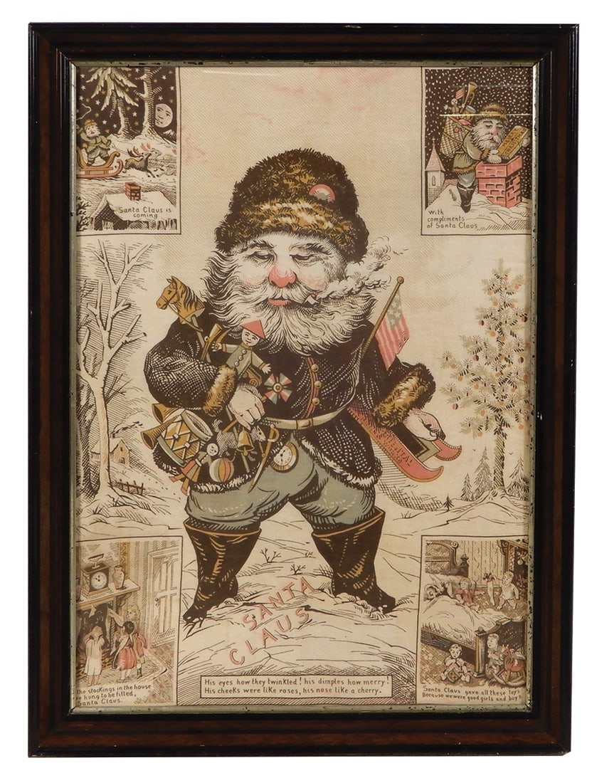 Christmas Victorian Santa Claus printed on linen w/scenic corner vignettes, in period frame, VG cond (1 of 1)