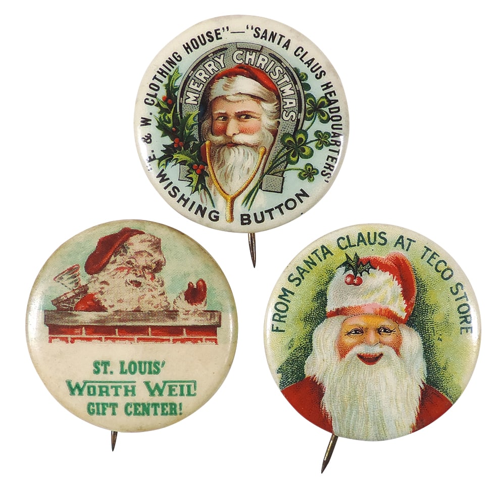 Christmas Santa Pinback Buttons (3), E.& W. Clothing House-Santa Claus Headquarters Wishing Button, (1 of 1)