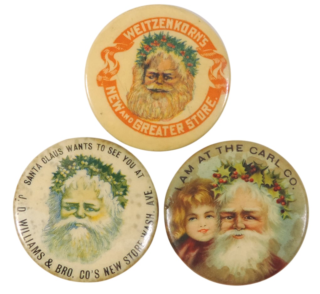 Christmas Santa Pinback Buttons (3), I Am At The Carl Co.-Whitehead & Hoag, Weitzenkorn's New and (1 of 1)