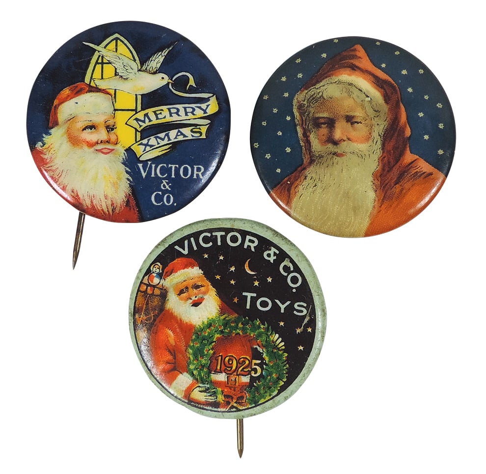Christmas Santa Pinback Buttons (3), Victor & Co. Toys 1925-Bastian Bros., Merry XMAS Victor & (1 of 1)