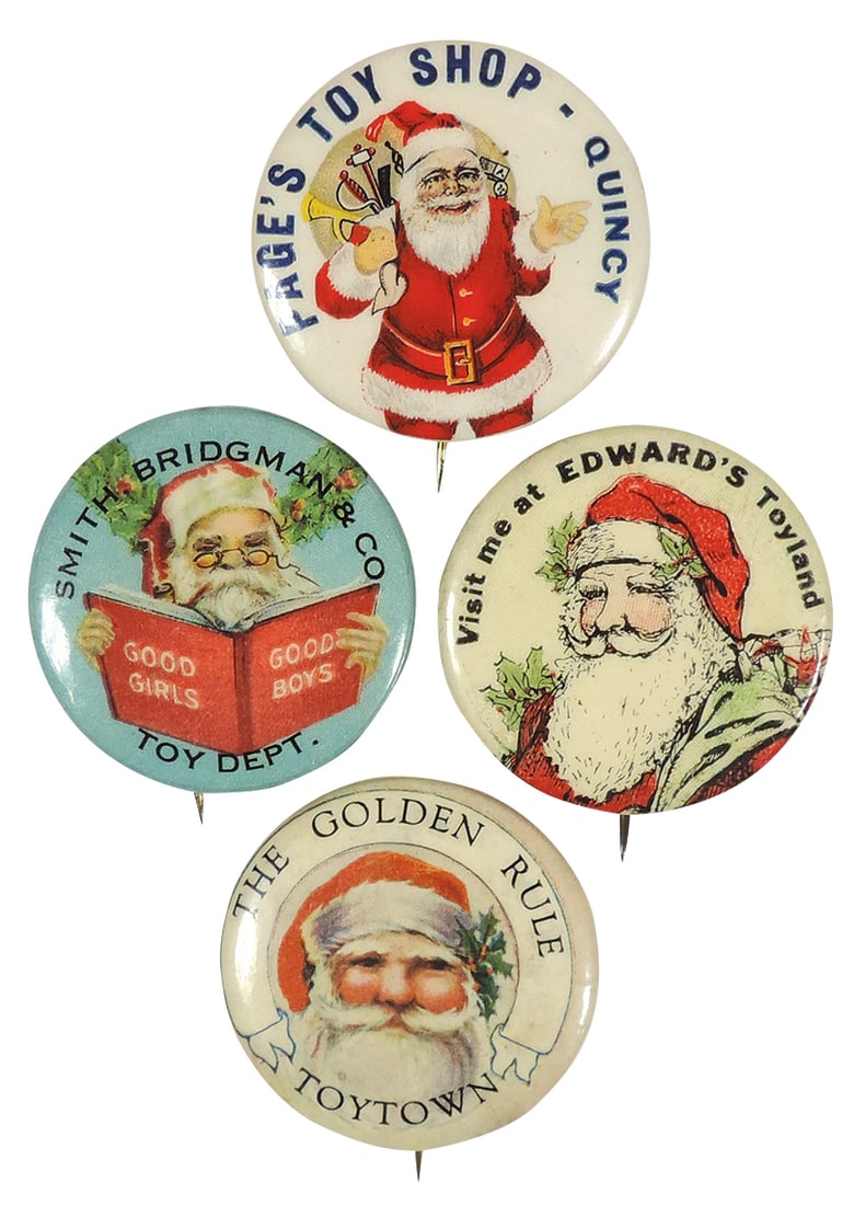 Christmas Santa Pinback Buttons (4), Smith Bridgman & Co. Toy Dept.-Bastian Bros., The Golden Rule (1 of 1)