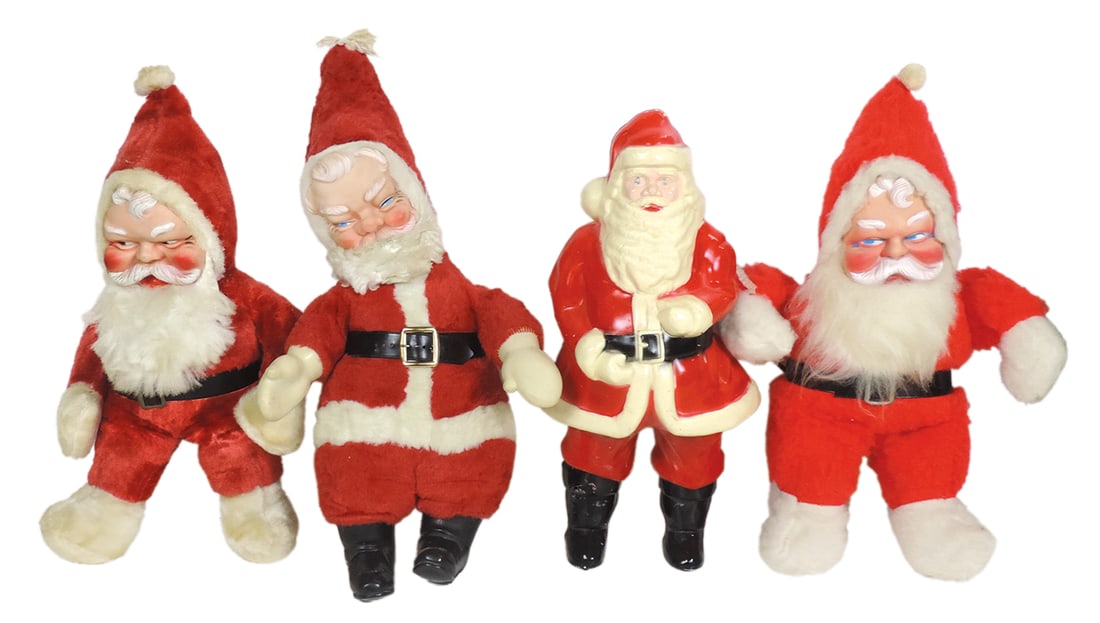 Christmas Santa Claus Figures (4), 3 plush dolls & lighted hard plastic figure, c.1960s, VG to Exc (1 of 1)