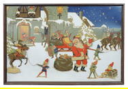 Christmas Animated Scene w/Santa & Elves, large serigraph in shadow box frame w/six electric motor