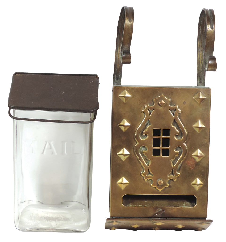 Mailboxes (2), early 1900's embossed glass w/hinged metal lid & heavy cast brass w/hinged front (1 of 1)