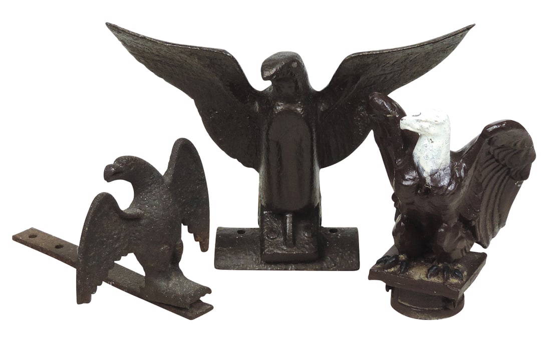Primitive Cast Iron Eagle Figures (3), Incl 2 Finials, Good To Exc Cond