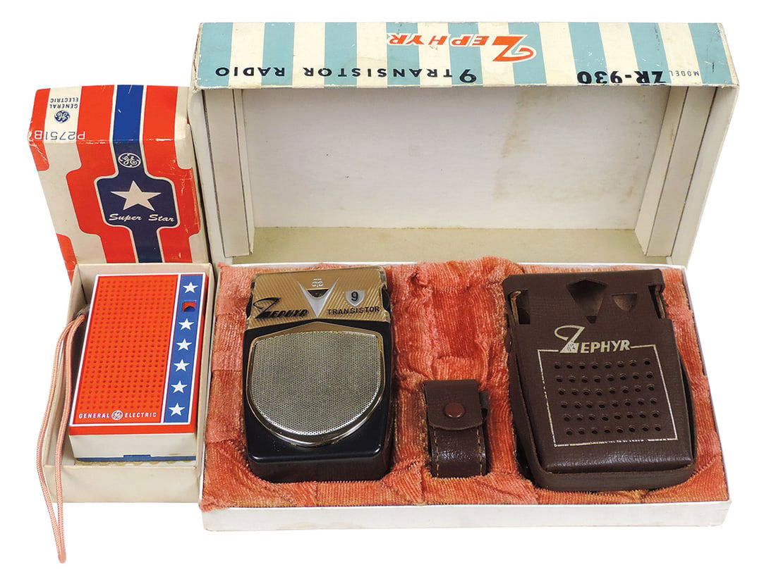 Transistor Radios (2), Zephyr in orig box w/leather case & GE Super Star in orig box, VG+ to Exc (1 of 2)