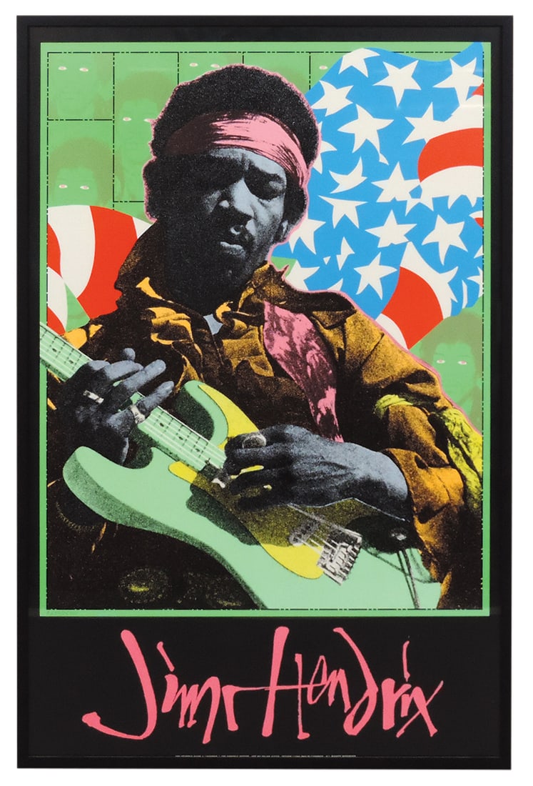 Rock & Roll Poster Jimi Hendrix 1995 Phillip Cushway, Exc cond, later framed 27"H x 18"W.: Rock & Roll Poster Jimi Hendrix 1995 Phillip Cushway, Exc cond, later framed 27"H x 18"W.