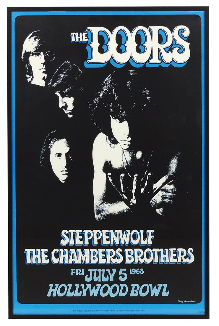 Rock & Roll Poster The Doors, 1968 Hollywood Bowl 20th Anniversary printing, later framed, Exc cond, (1 of 1)