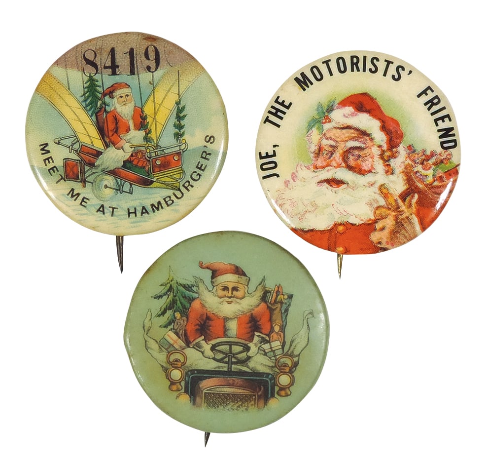 Christmas Santa Pinback Buttons (3), Meet me at Hamburger's 8419-Bastian Bros., Joe-The Motorists' (1 of 1)