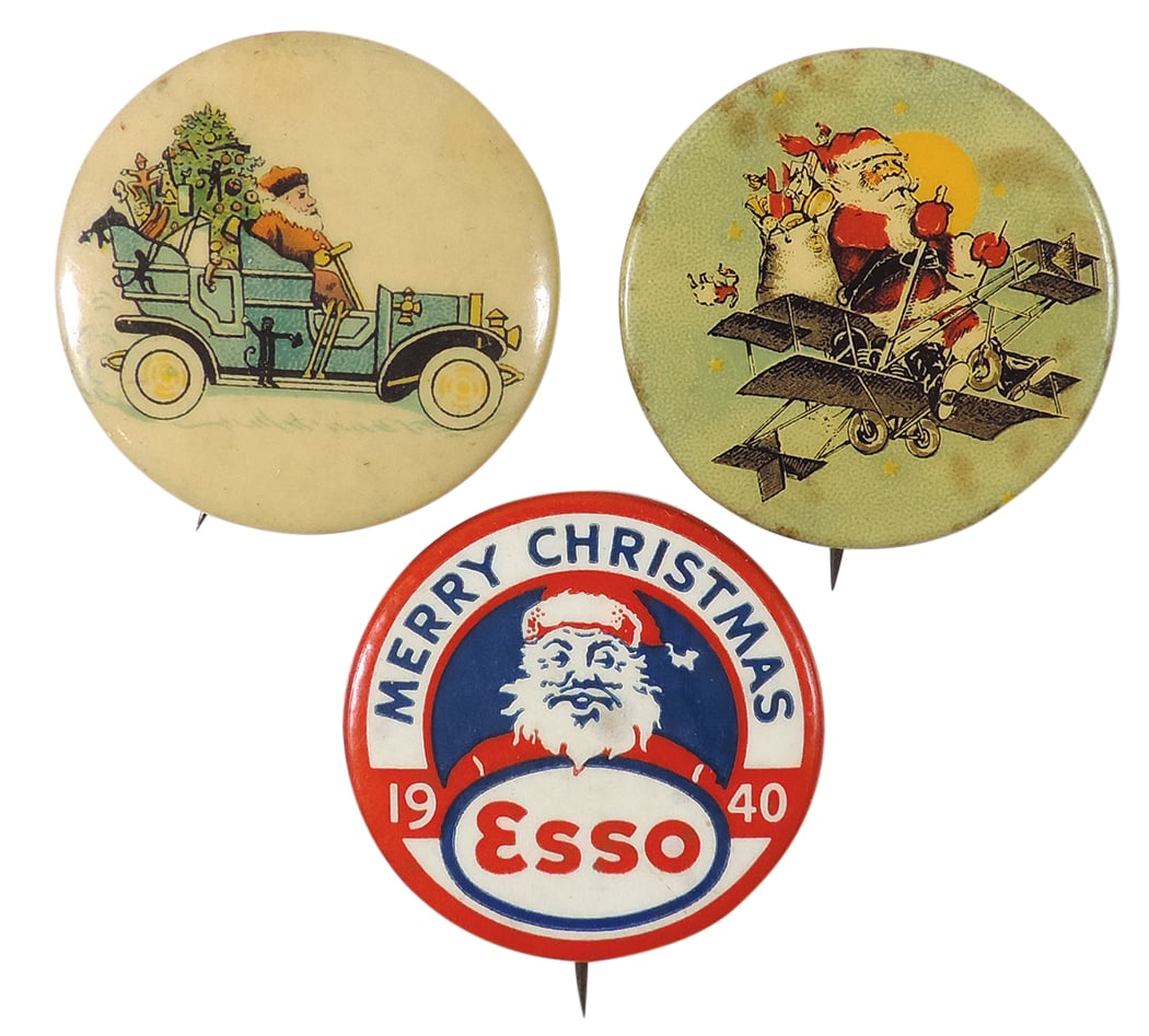 Christmas Santa Pinback Buttons (3), Merry Christmas Esso 1940, Santa in Roadster w/tree & Santa in: Christmas Santa Pinback Buttons (3), Merry Christmas Esso 1940, Santa in Roadster w/tree & Santa in Bi-Plane, both by Ehrma Mfg. Co., all earlier 1900's celluloid on metal in VG/Exc cond & 1"Dia.
