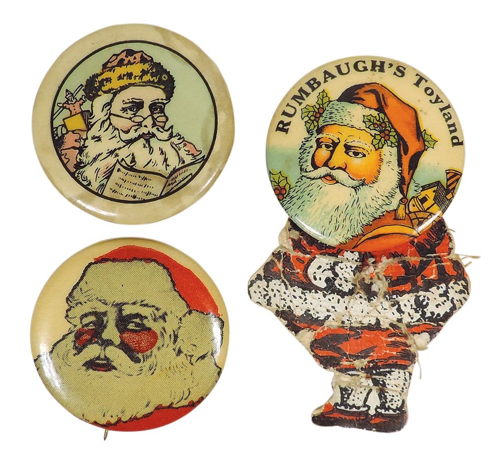 Christmas Santa Pinback Buttons (3), Rare Rumbaugh's Toyland button w/paper over fabric body-Phila. (1 of 1)