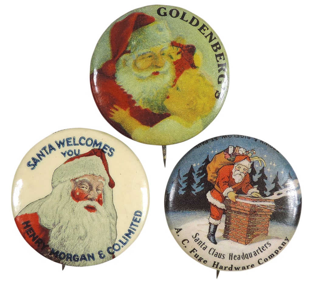 Christmas Santa Pinback Buttons (3), Santa Welcomes You Henry Morgan & Co. Limited-E.C. Ford, (1 of 1)