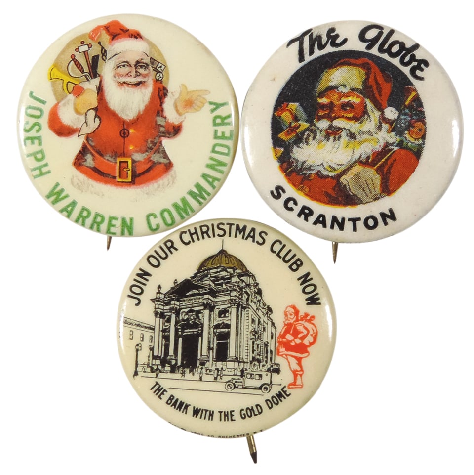 Christmas Santa Pinback Buttons (3), The Globe Scranton-Phila. Badge Co., Joseph Warren Commandery & (1 of 1)