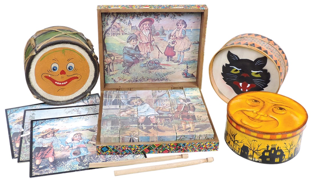 Decorative Collectibles, 2 Halloween-themed drums, paper litho box & Victorian-style set of wood (1 of 1)