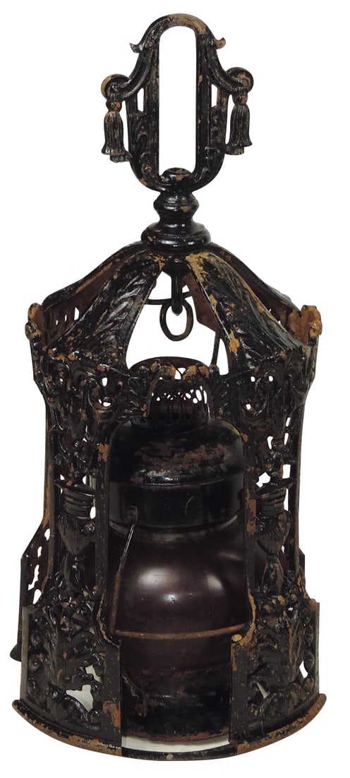 Lighting, Oil Lamp, red globe safety or signal lamp suspended in an ornate cast iron cage, burner (1 of 1)