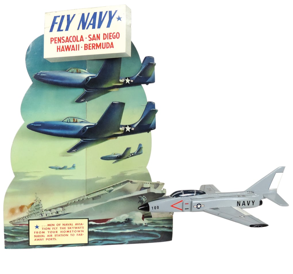 Militaria (2), diecut cdbd litho Recruitment standup w/jets & aircraft carrier, c.1950's, Good+ cond (1 of 1)