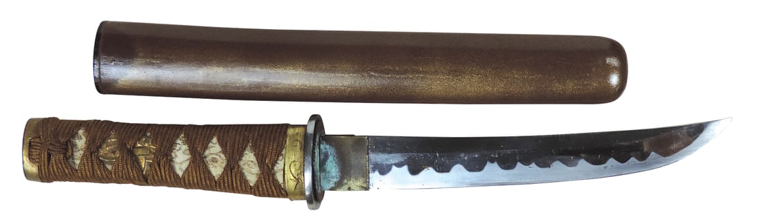 Militaria Japanese Tanto Short Sword, wrapped wood handle in a wood sheath, apparently unmarked, VG+ (1 of 2)