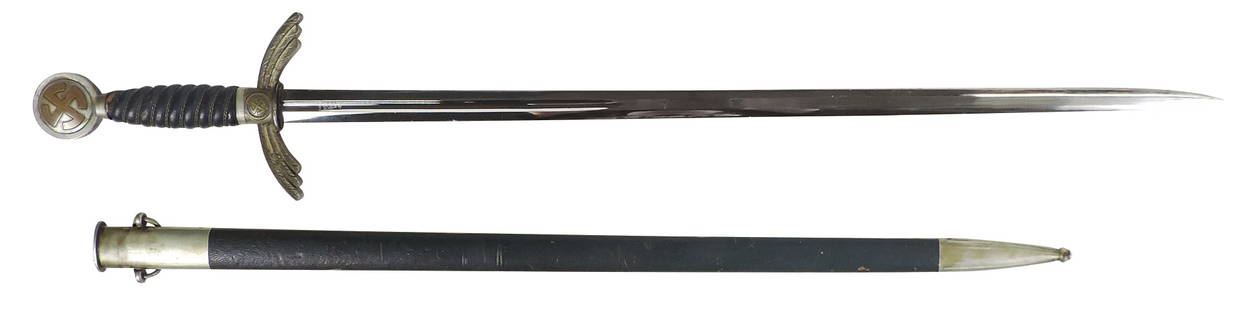 Militaria, WW2 German Luftwaffe Officers Sword, silvered-bronze handle w/blade etched SMF Solingen,: Militaria, WW2 German Luftwaffe Officers Sword, silvered-bronze handle w/blade etched SMF Solingen, VG cond w/some wear to pommel, 34.5"L.