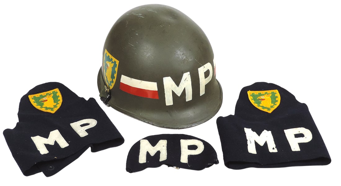 Militaria, Vietnam Era (4) 15th Military Police Brigade helmet w/liner, 2 arm bands w/shoulder (1 of 2)