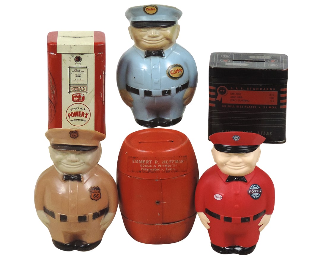 Petroliana Banks (6), Phillips 66, Carter, tin Power-X, Atlas, Dodge Economy Barrel & others, VG (1 of 1)