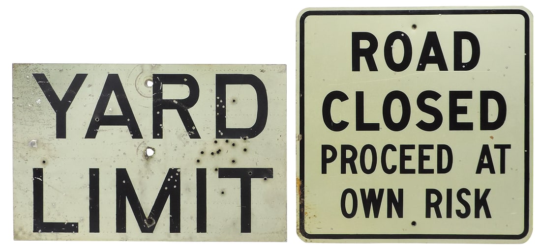Road Signs (2), "Yard Limit" w/bullet holes & "Road Closed Proceed At Own Risk" w/threaded holes at (1 of 1)