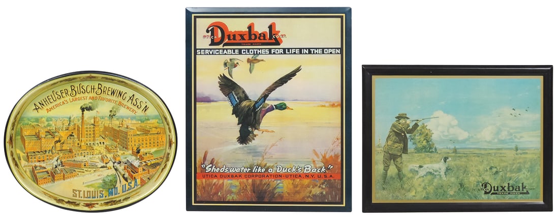 Advertising Serving Tray & Signs (3), Anheuser Busch serving tray & 2 Duxbak Clothing signs, all (1 of 1)