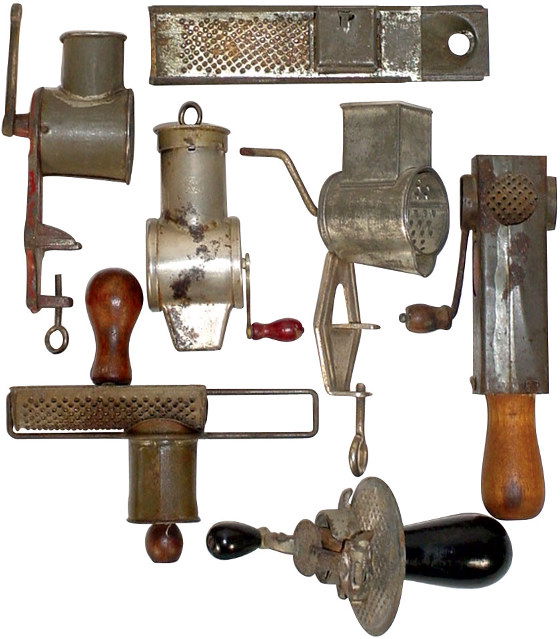 Nutmeg graters (7); 1 Edgar, pat. 1896, 1 iron "Kitt: Nutmeg graters (7); 1 Edgar, pat. 1896, 1 iron "Kitty" (missing knob), very unusual unmarked rotary, 1 MTE, steel w/tiny wood handle & 3 tin (1 missing wood knob), all VG condition, 4"-6.25"L.