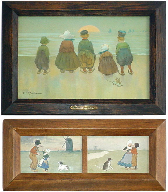 Dutch children prints (2); larger one has brass ta: Dutch children prints (2); larger one has brass tag "Waiting for Daddy", is signed by Tom Browne & dated 1904, both in nice old oak frames, both Exc. condition, 6"H x 14"W & 10.5"H x 14.5"W.