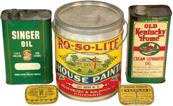 Paint, oil, needle & rivet tins (5); paper label R: Paint, oil, needle & rivet tins (5); paper label Ro-So-Lite House paint gal. bucket (VG), Old Kentucky Home Cream Separator Oil qt. tin (rust at top) & Singer Sewing Machine Oil qt. tin (VG), Talking
