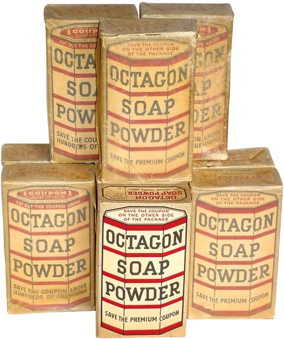 Octagon Soap boxes (10); new old stock full of ori: Octagon Soap boxes (10); new old stock full of original product, still in original cellophane wrappers, Exc. condition, ea. 7"H x 4"W.