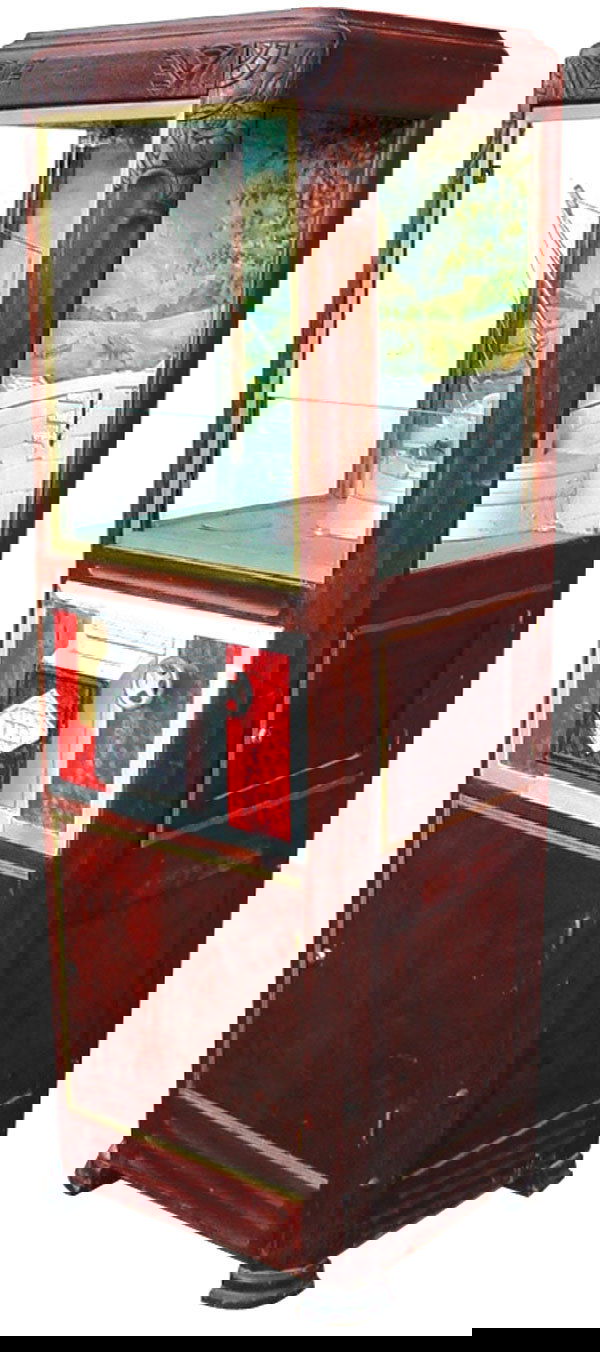 Coin operated arcade digger, very ornate design, m: Coin operated arcade digger, very ornate design, mahogany cabinet, works, 69"H x 24"W.