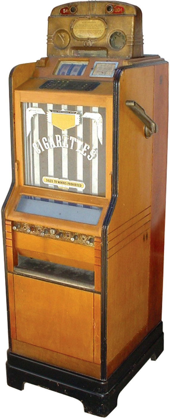 Jennings Ciga-rola slot machine & cigarette vendin: Jennings Ciga-rola slot machine & cigarette vending machine, Model XV, has both 5 &10 Cent plays, cigarette reels, dispensed cigarettes & chewing gum, c.1938, VG working condition, 61"H x 18"W.
