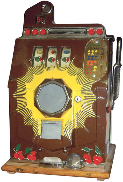 Slot machine, Mills Bursting Cherry/Melon Bell w/s: Slot machine, Mills Bursting Cherry/Melon Bell w/special front jackpot, 5 Cent, c.1937, Exc. restored condition.
