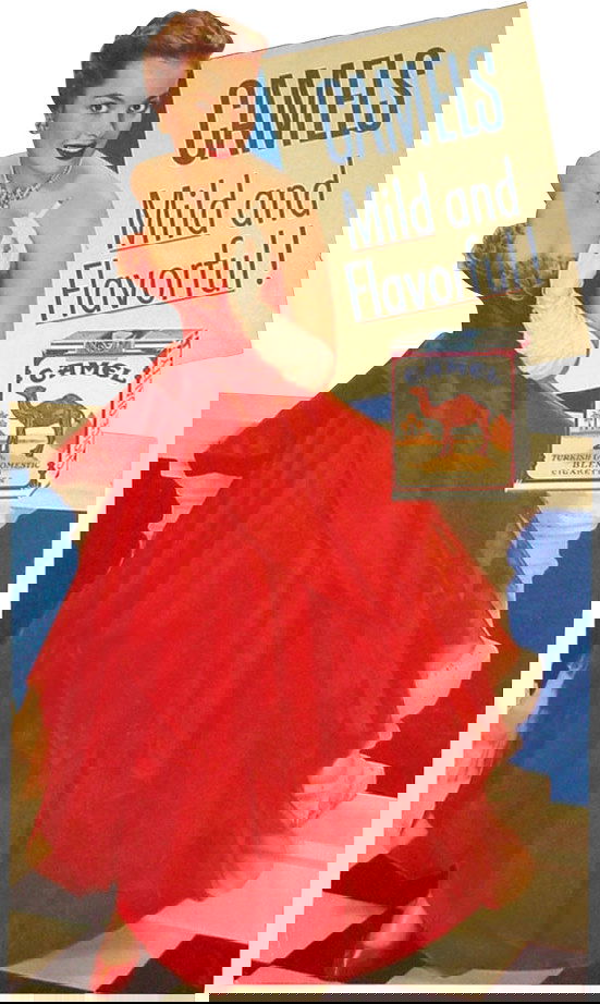 Camel Cigarette die cut cdbd. sign w/easel back,: Camel Cigarette die cut cdbd. sign w/easel back, dated 1951, pictures very pretty girl in beautiful red evening dress, VG+ condition, 29"H x 17"W.