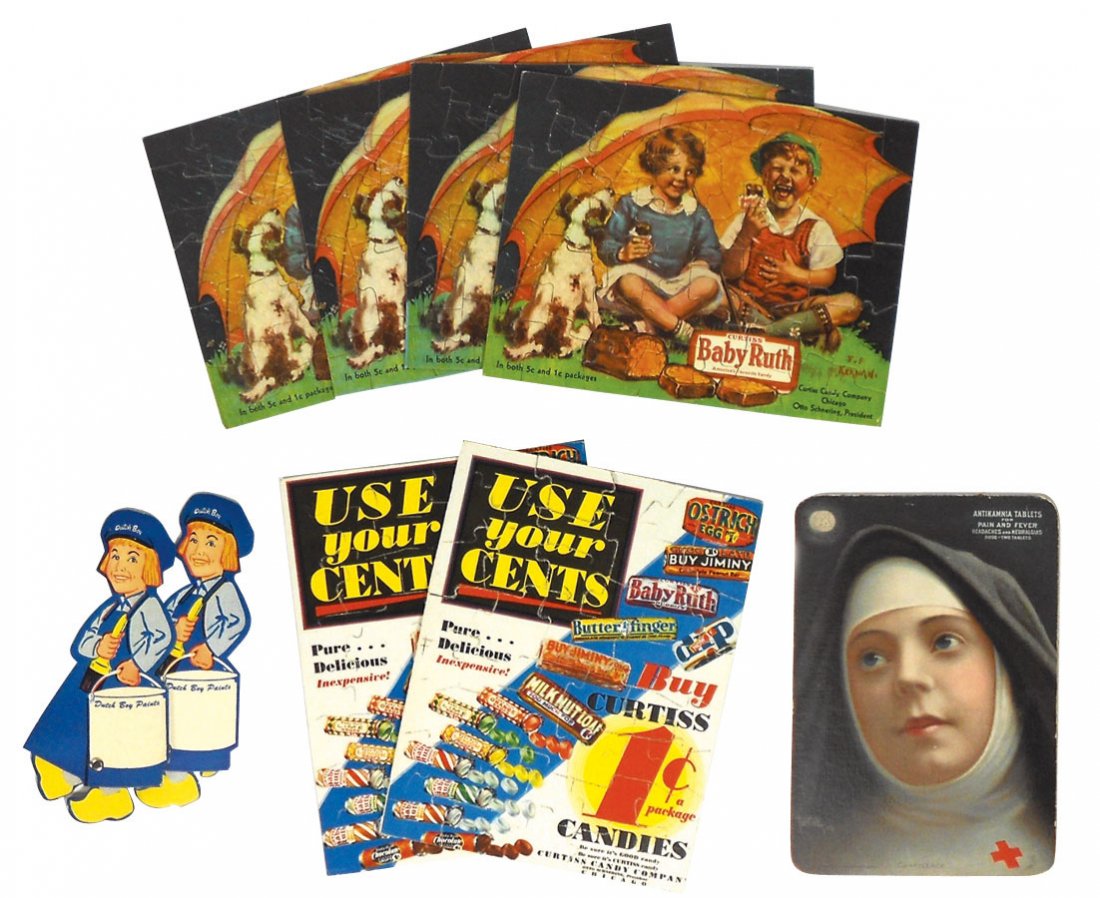 Advertising puzzles (6), Curtiss Baby Ruth 1 & 5: Advertising puzzles (6), Curtiss Baby Ruth 1 & 5 Cent Pkgs, great boy & girl w/dog graphic on one side & Curtiss Candies "Use Your Cents" on other side, 5.5"H x 7.5"W, (2) Dutch Boy Paint die cuts, 6"