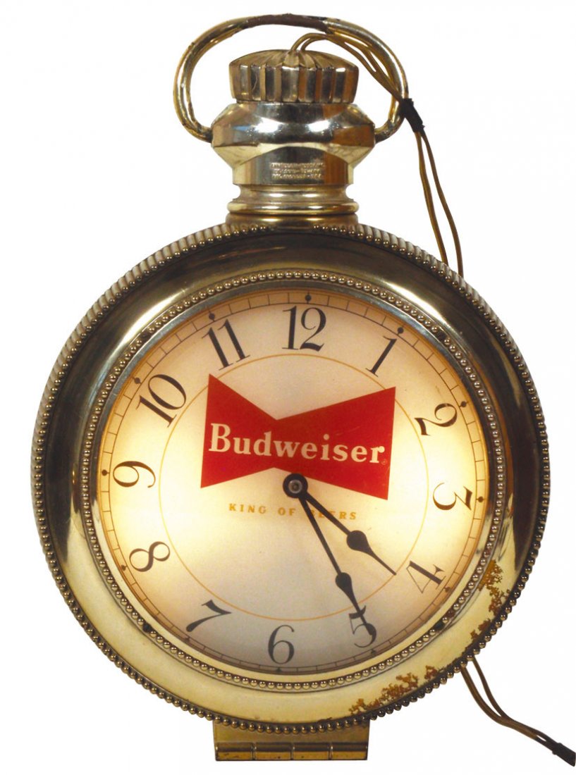 Breweriana clock, Budweiser King of Beers wall-mo: Breweriana clock, Budweiser King of Beers wall-mount pocket watch style light-up, plastic w/curved Plexiglas covering face, areas of gold paint loss, o/wise VG working cond, 18"H x 12"W x 3.5"D.
