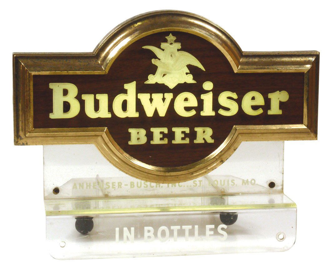 Breweriana sign, Budweiser Beer In Bottles, Anheu: Breweriana sign, Budweiser Beer In Bottles, Anheuser-Busch, Inc., St. Louis, MO, lighted metal & plastic/Plexiglas mountable display, mfd by Raymond M. Price & Assoc., some pitting on gold metal frame