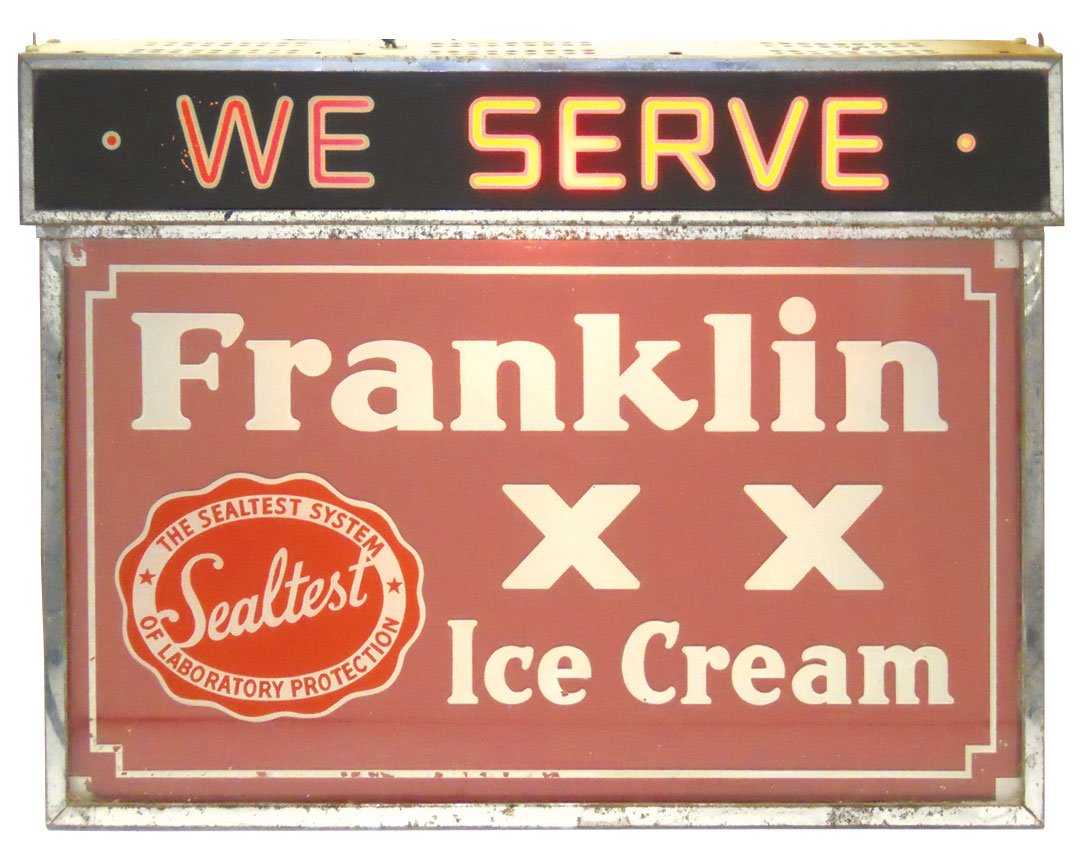 Soda fountain Franklin Ice Cream hanging light-up: Soda fountain Franklin Ice Cream hanging light-up sign, chrome w/glass inserts, Good/VG cond w/heavy corrosion on chrome frame, 15.5"H x 20"W.